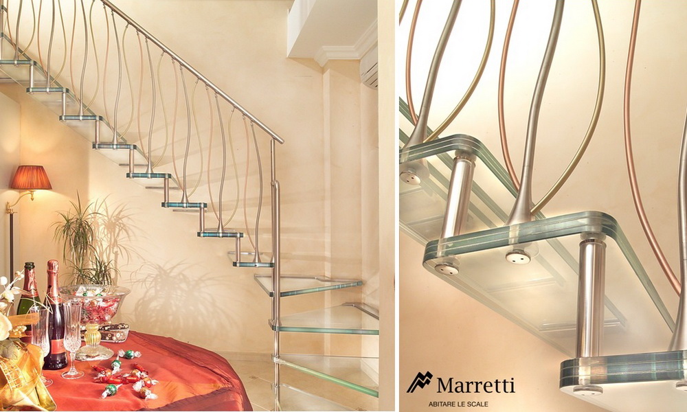 Лестница со стеклянными ступенями и металлическими балясинами (цвет: хром, латунь, бронза) - фабрика Marretti Италия