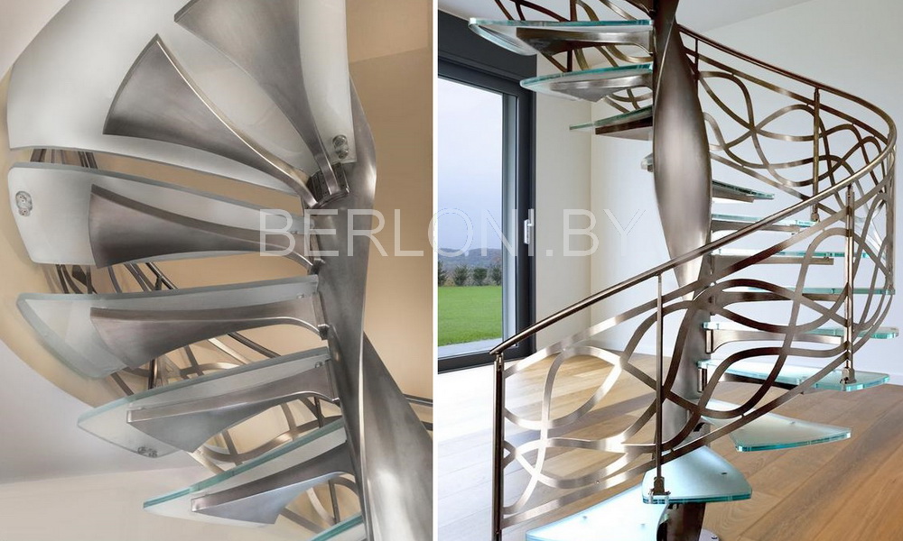 Винтовая лестница со стеклянными ступенями и металлическим хромированным ограждением, фабрика Marretti Италия